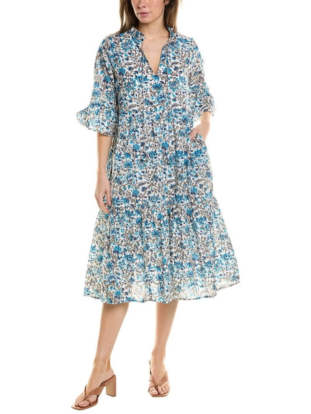 Sole Milano Blue White Floral 100% Cotton Tiered Skirt Below Knee Dress Medium